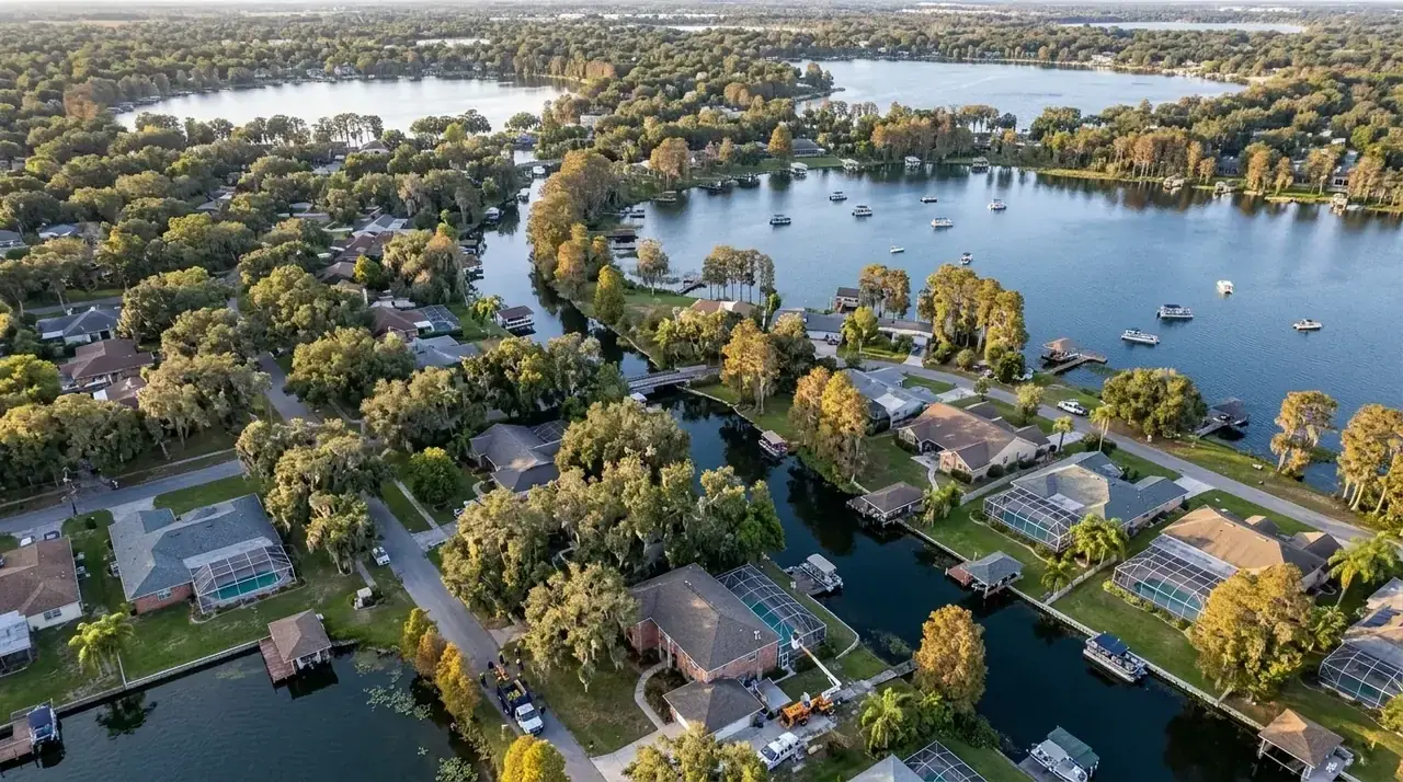 Aerial view of Winter Haven neighborhoods, oak canopy and the Chain of Lakes