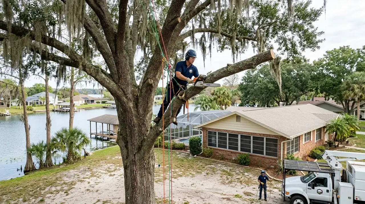 Tree trimming in Winter Haven with a climber pruning live oak limbs back from a shingle roof