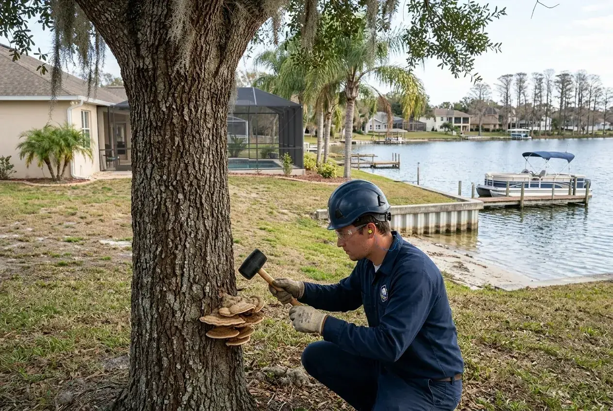 Arborist tapping a laurel oak trunk with a mallet to check for hidden decay in Winter Haven