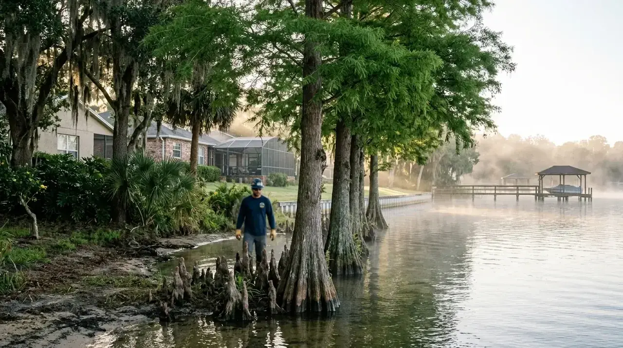 Winter Haven lakefront tree service view of bald cypress trees and knees along a Lake Shipp shoreline