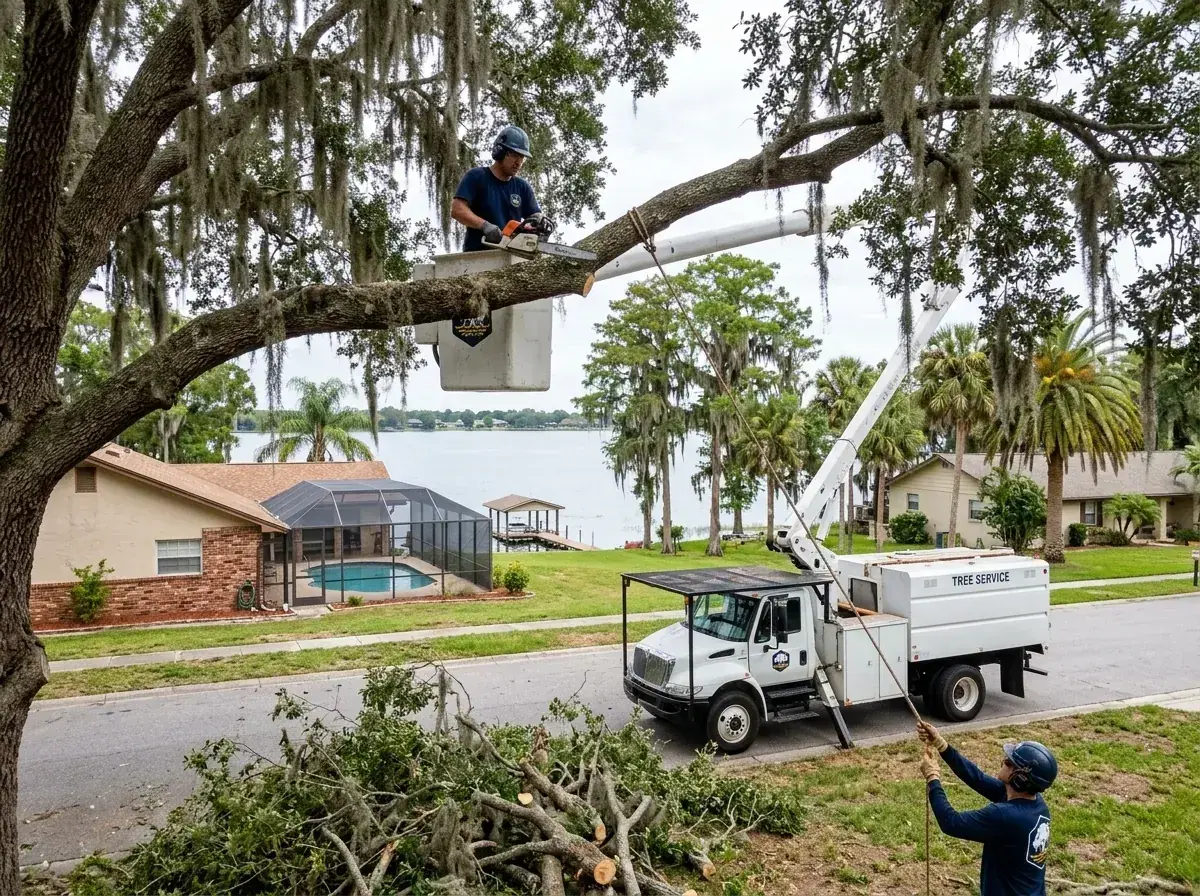Bucket truck crew removing a section of a large oak at a Winter Haven home