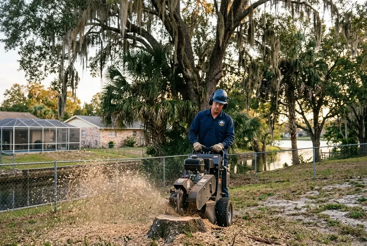 Citrus stump grinding in Florence Villa, Winter Haven, after removing a greening-infected grapefruit tree