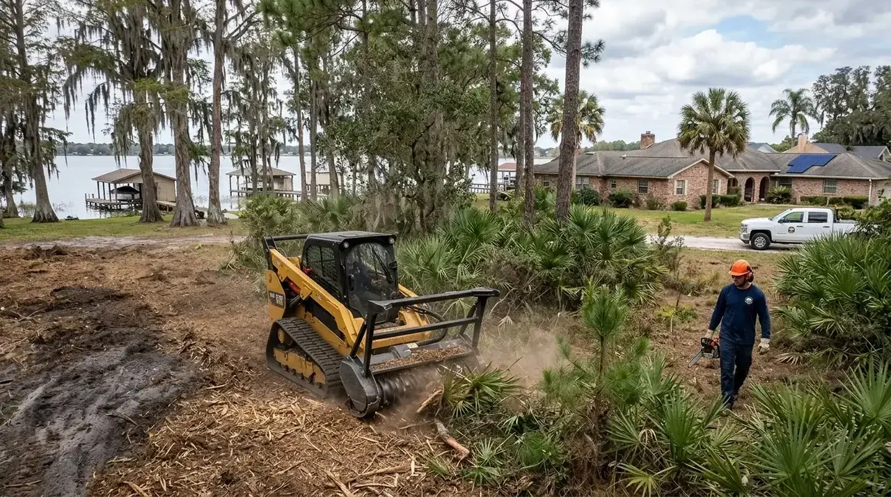 Mulching machine clearing an overgrown lot near Jan Phyl Village, Polk County