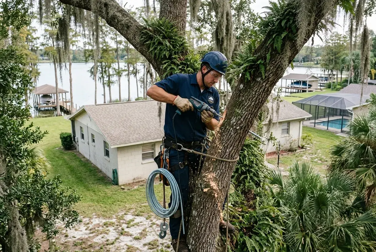 Winter Haven tree bracing work with a climber drilling a through-bolt rod into a split-prone oak union