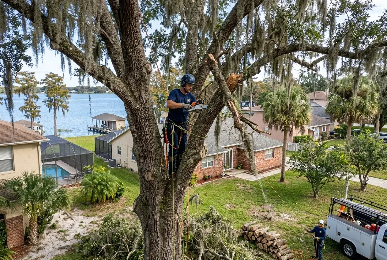 Winter Haven storm cleanup climber cutting a hanging broken limb out of a live oak canopy