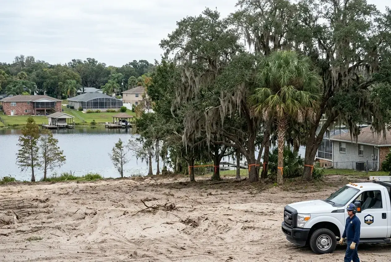 Commercial lot tree survey in Winter Haven with marking ribbons tied around protected oaks