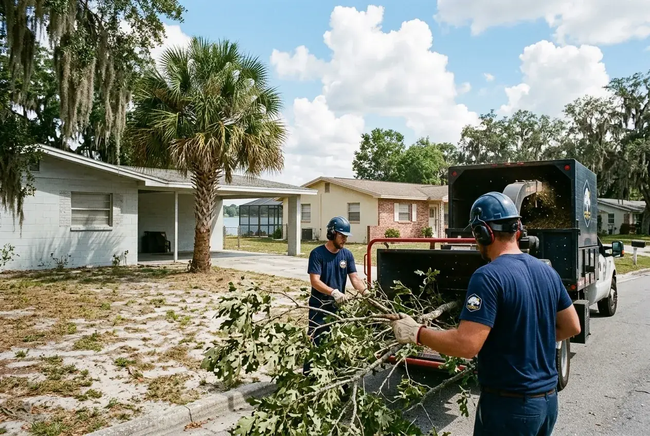 Tree removal crew in Winter Haven feeding oak brush into a chipper beside an older block home