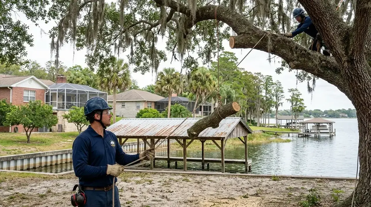 Tree crew lowering a cut oak limb on a rope past a boathouse on a Winter Haven lake
