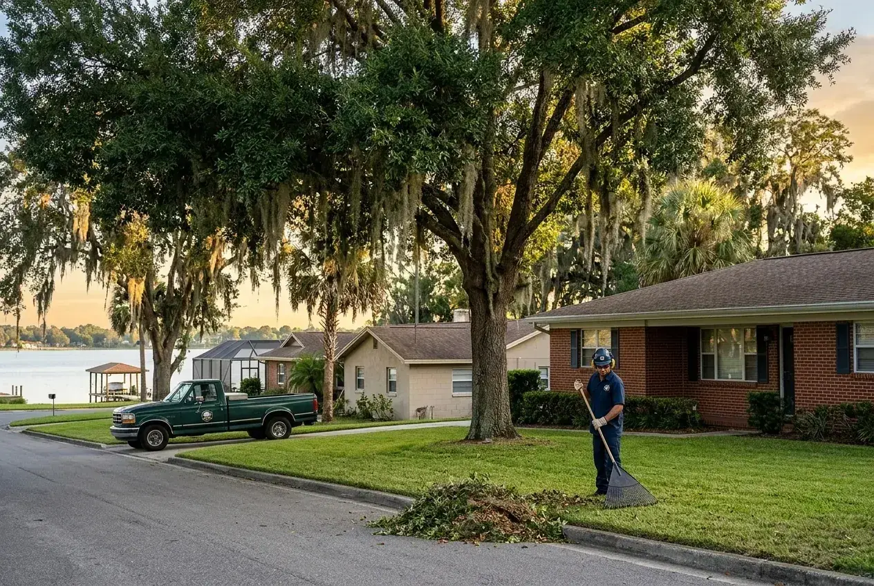 Winter Haven tree pruning result showing a crown-raised laurel oak over the front walk of a brick home