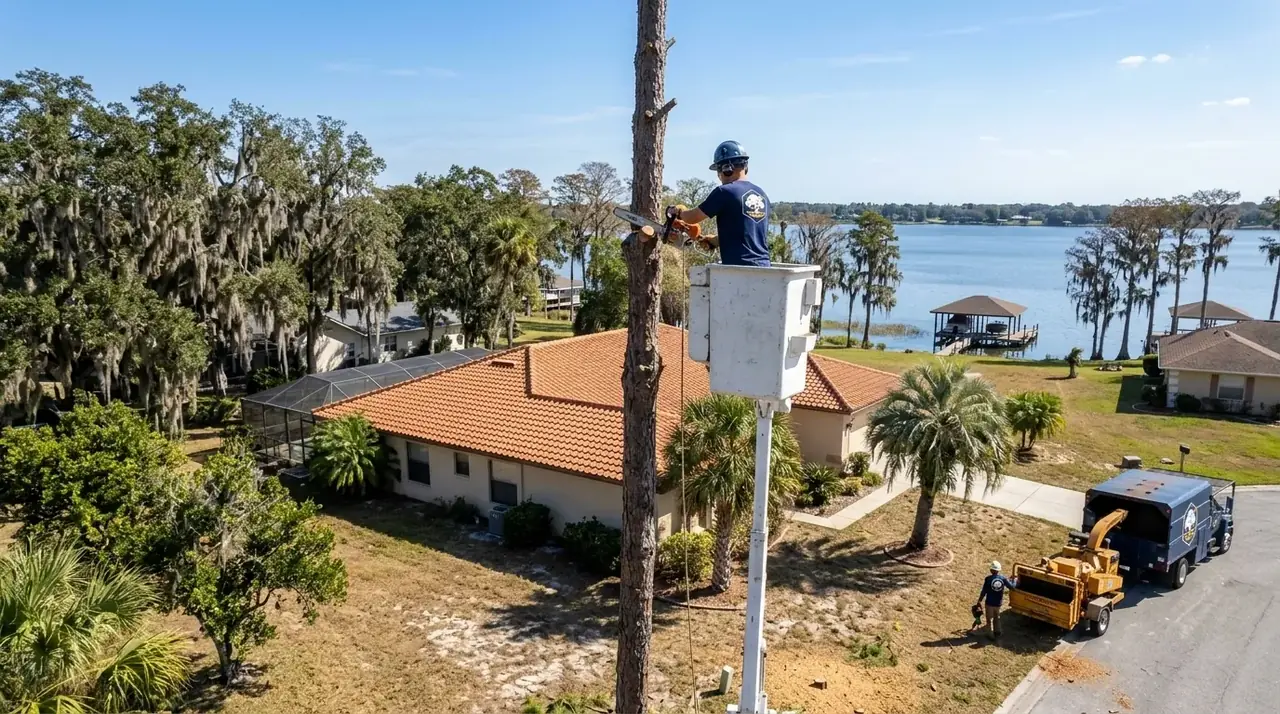 Cypress Gardens FL tree removal crew taking down a slash pine beside a single-story block home