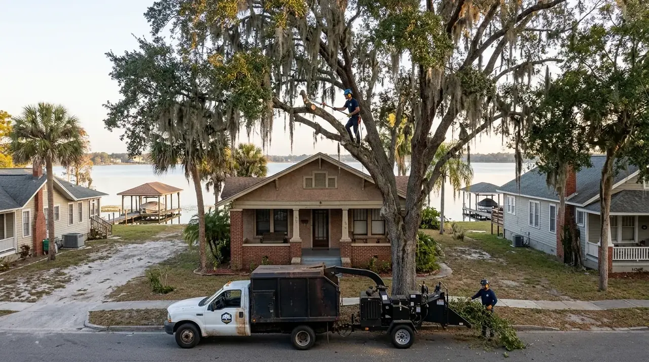 Downtown Winter Haven tree trimming crew raising a live oak canopy over a quiet brick side street