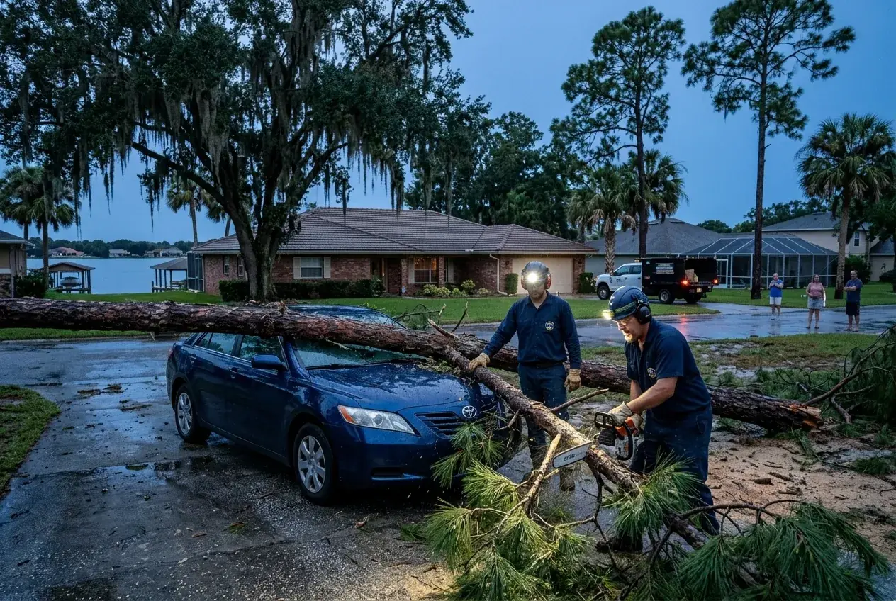 Winter Haven emergency tree service crew cutting a fallen pine off a car parked in a driveway at dusk