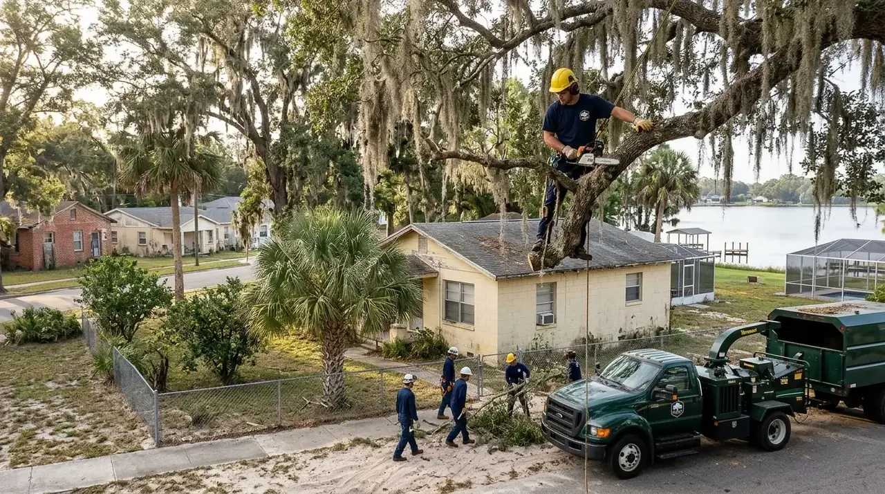 Florence Villa tree service climber pruning a live oak over a modest block home in Winter Haven