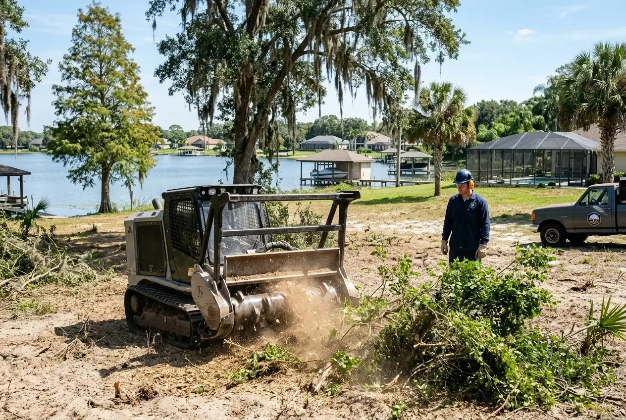 Winter Haven lot clearing with a forestry mulcher grinding brush and small trees on a sandy lot