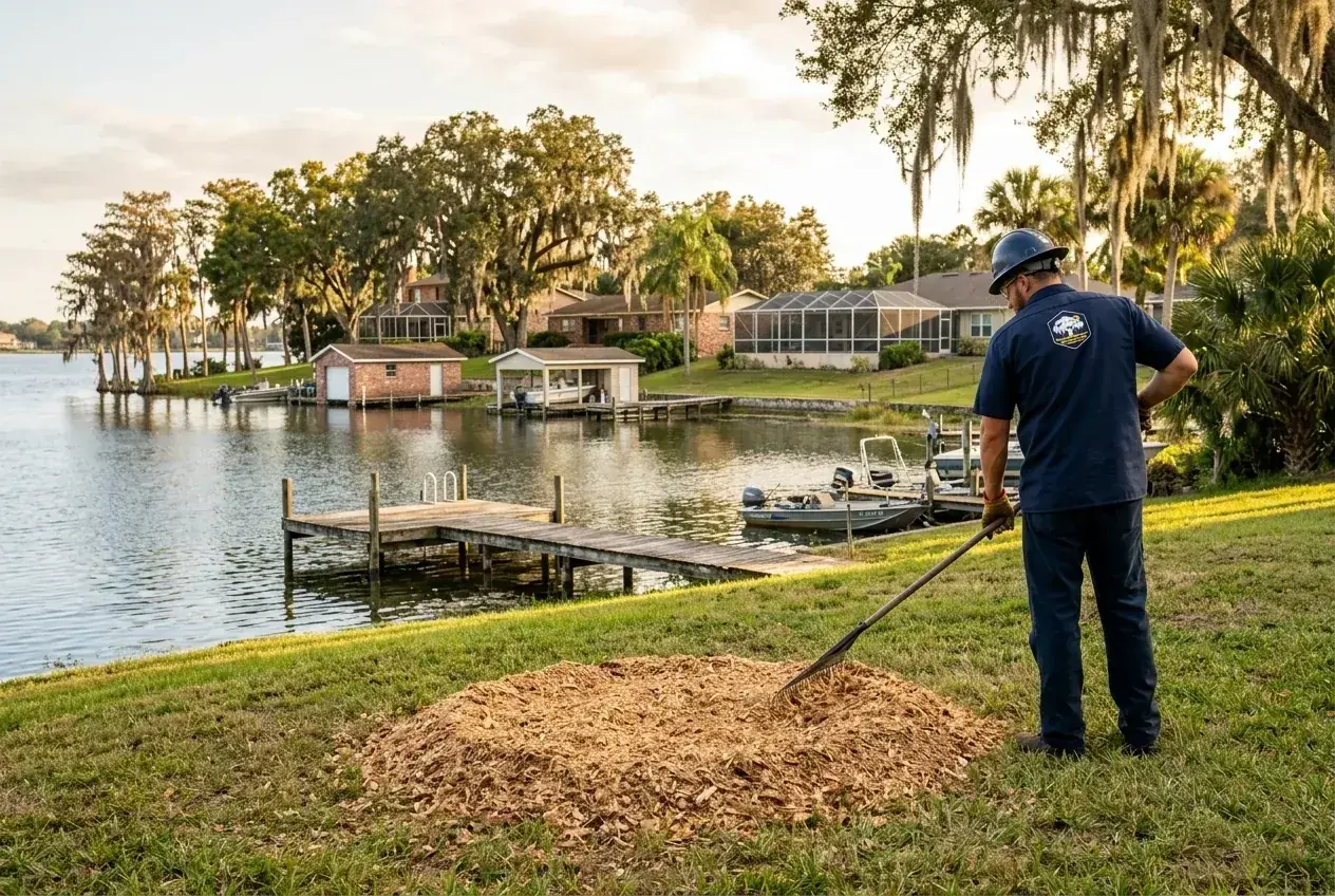 Winter Haven stump grinding result, a raked circle of wood grindings where a pine stump stood on a lake lot