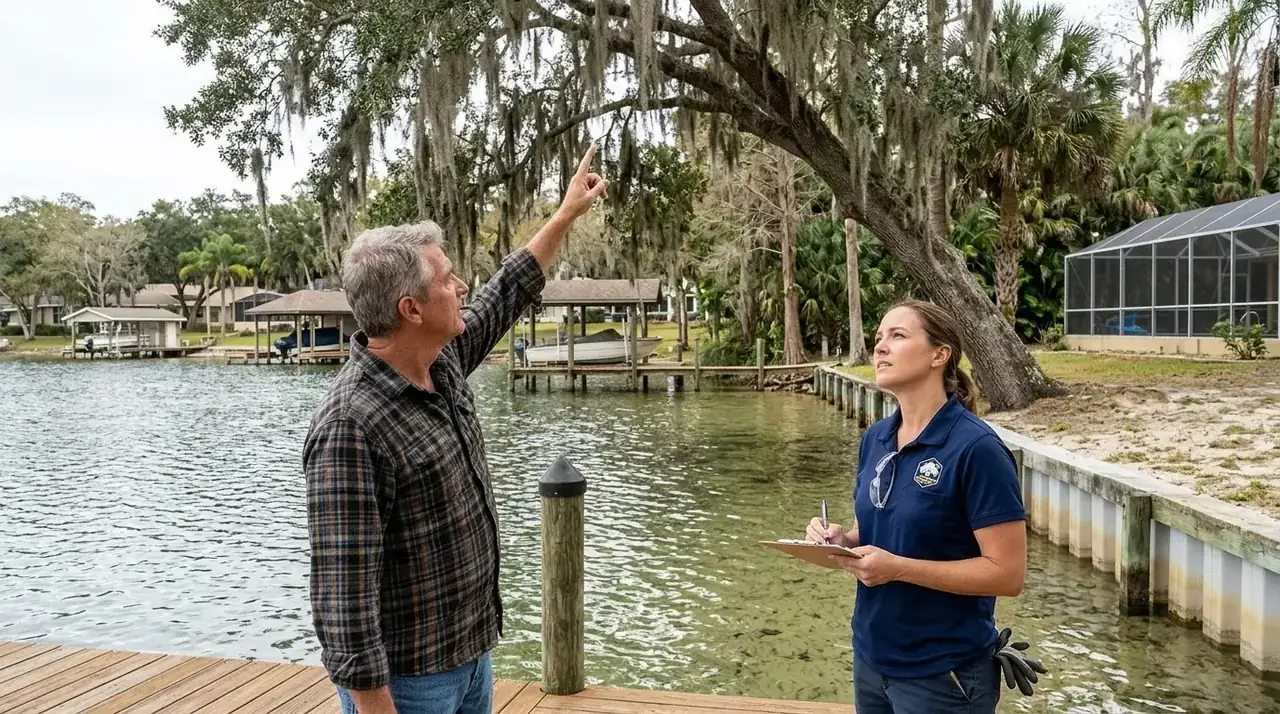 Homeowner pointing out a leaning oak near the lake to a tree estimator in Winter Haven