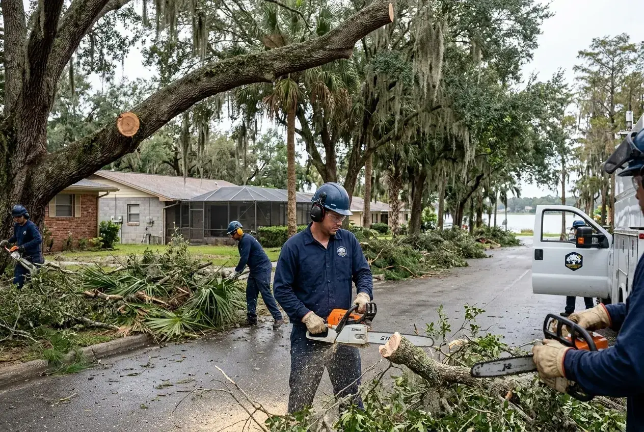 Polk County hurricane debris pile of oak limbs and palm fronds stacked at the curb in a Winter Haven neighborhood