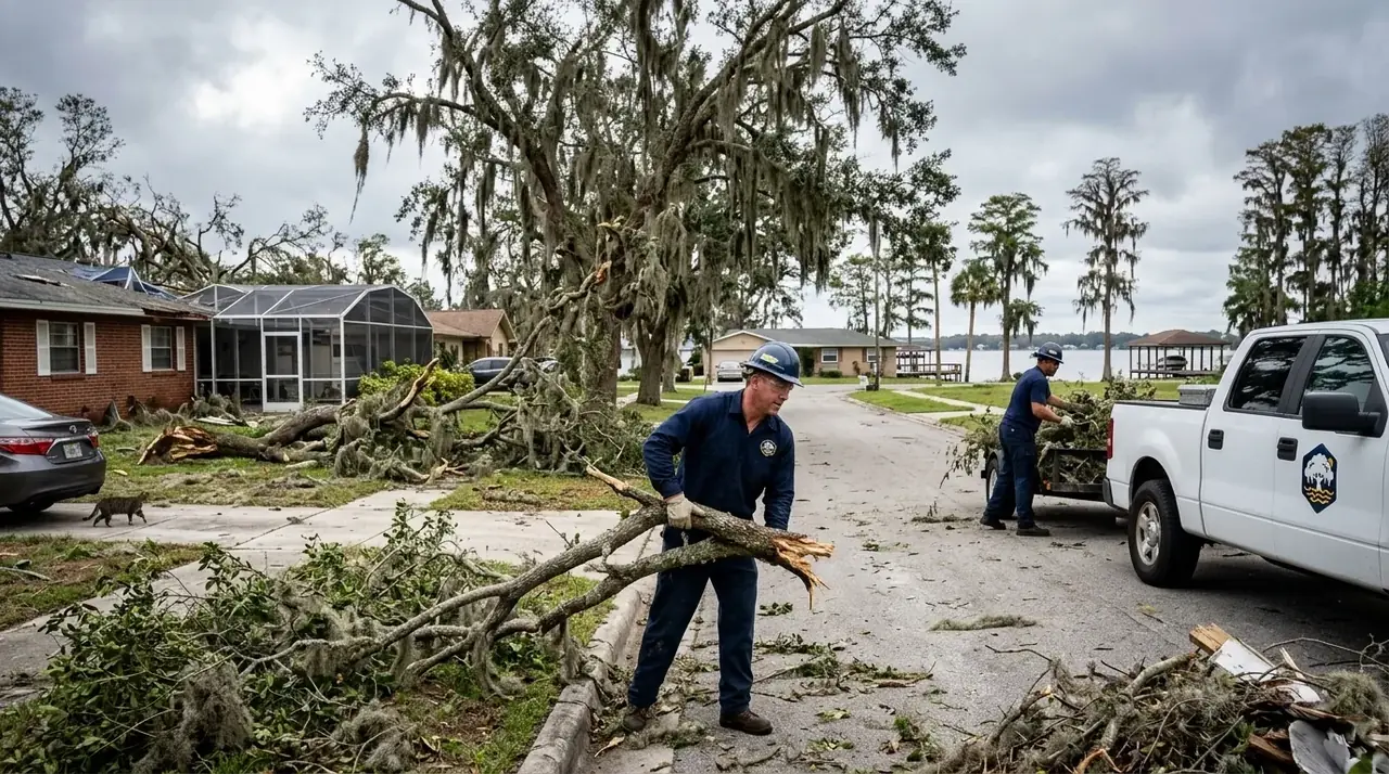 Storm damage cleanup in Winter Haven with crew stacking broken oak limbs along a residential street after a hurricane