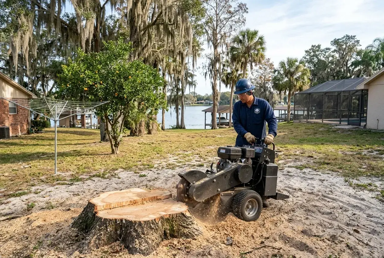Stump grinding in Florence Villa near Lake Maude, a compact grinder working an old laurel oak stump
