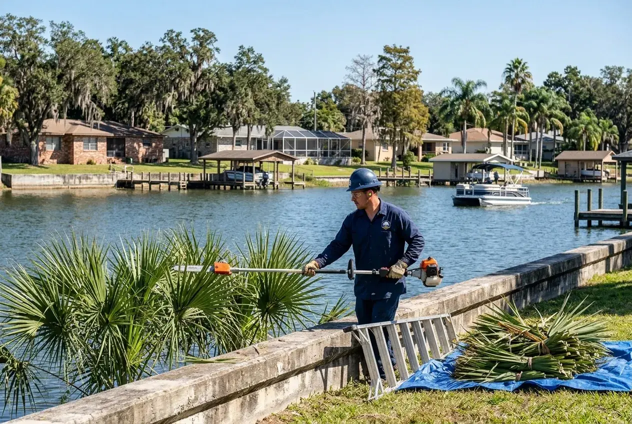 Palm tree trimming on Lake Shipp in Winter Haven, a crew member cutting fronds from sabal palms along a seawall