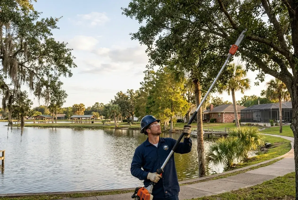 Tree service near Lake Silver in Winter Haven, a climber pruning a laurel oak beside the lakeside path