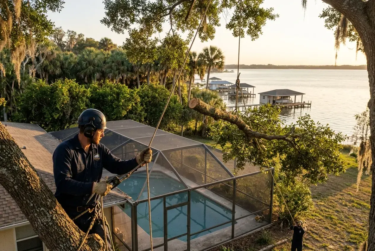 Lakefront tree removal on Lake Smart in Winter Haven, a laurel oak being lowered beside a dock