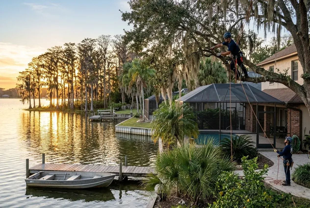 Tree trimming near Lake Summit in Cypress Gardens, a climber thinning a live oak above a screened lanai