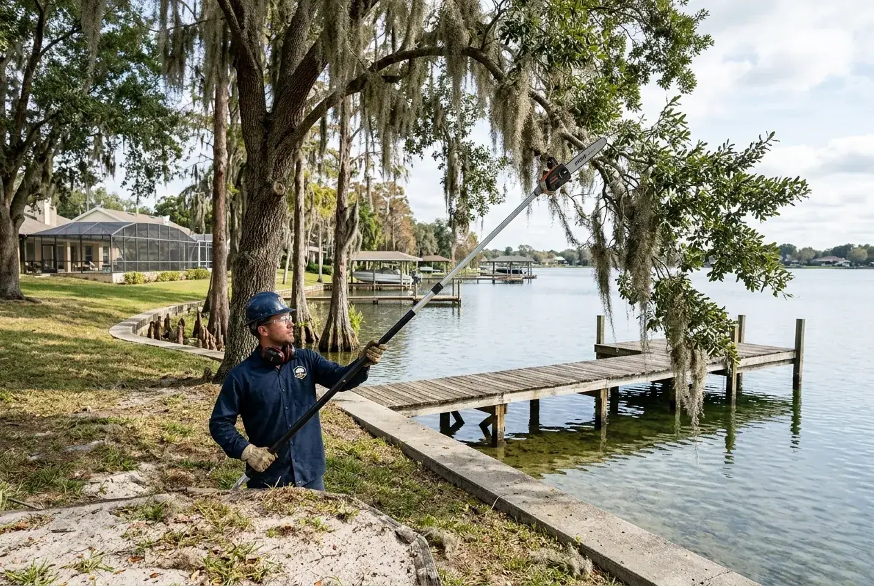 Lakefront tree trimming crew working from land beside a wooden dock on the Winter Haven Chain of Lakes