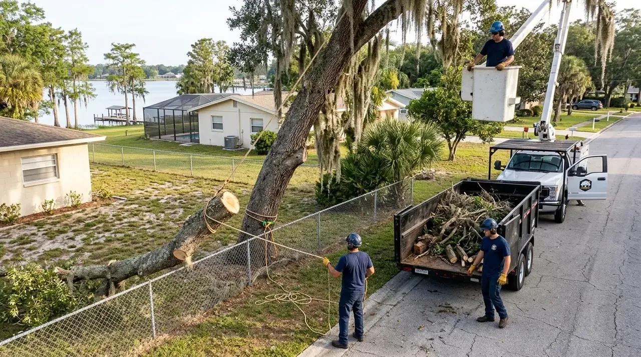 Eloise tree removal crew taking down a leaning laurel oak beside a block home off Snively Avenue