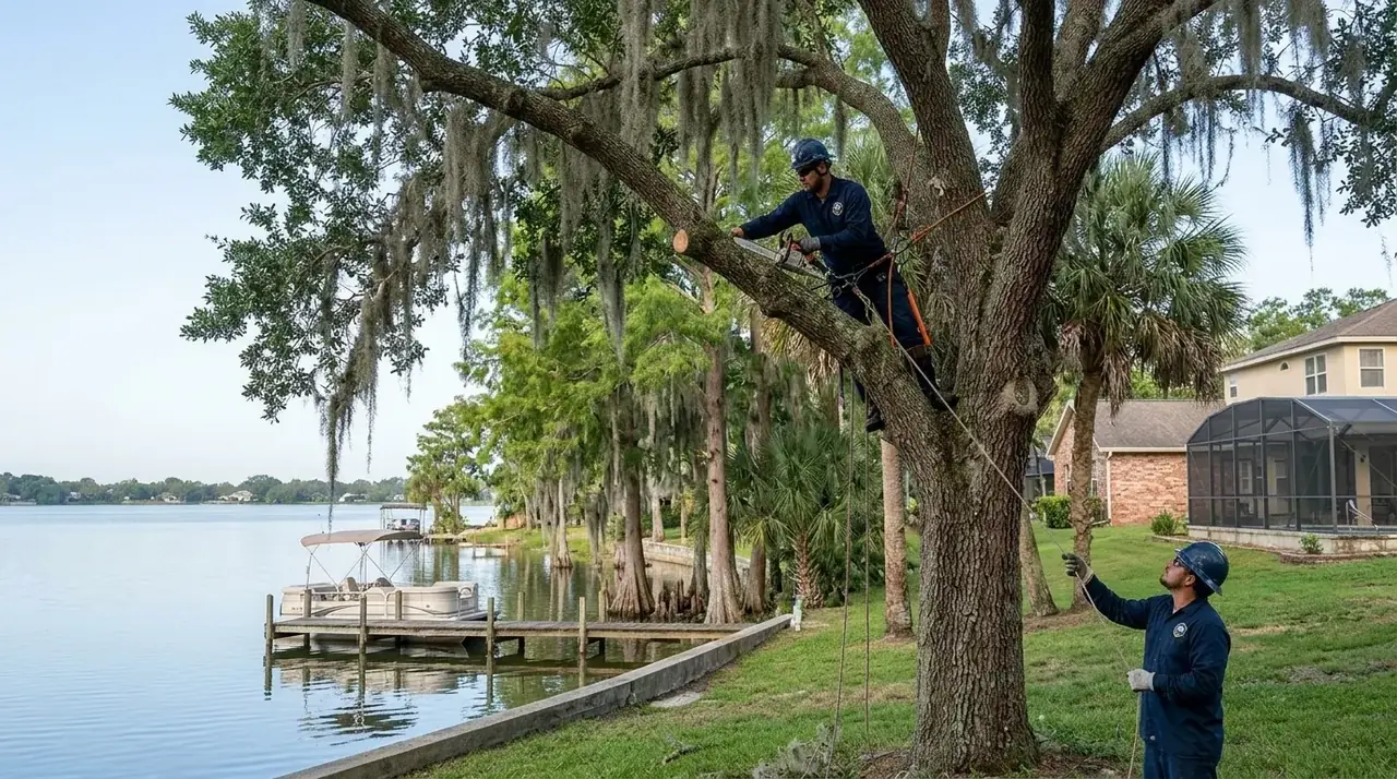 Inwood tree trimming crew pruning a live oak limb over a lakefront yard on Lake Cannon