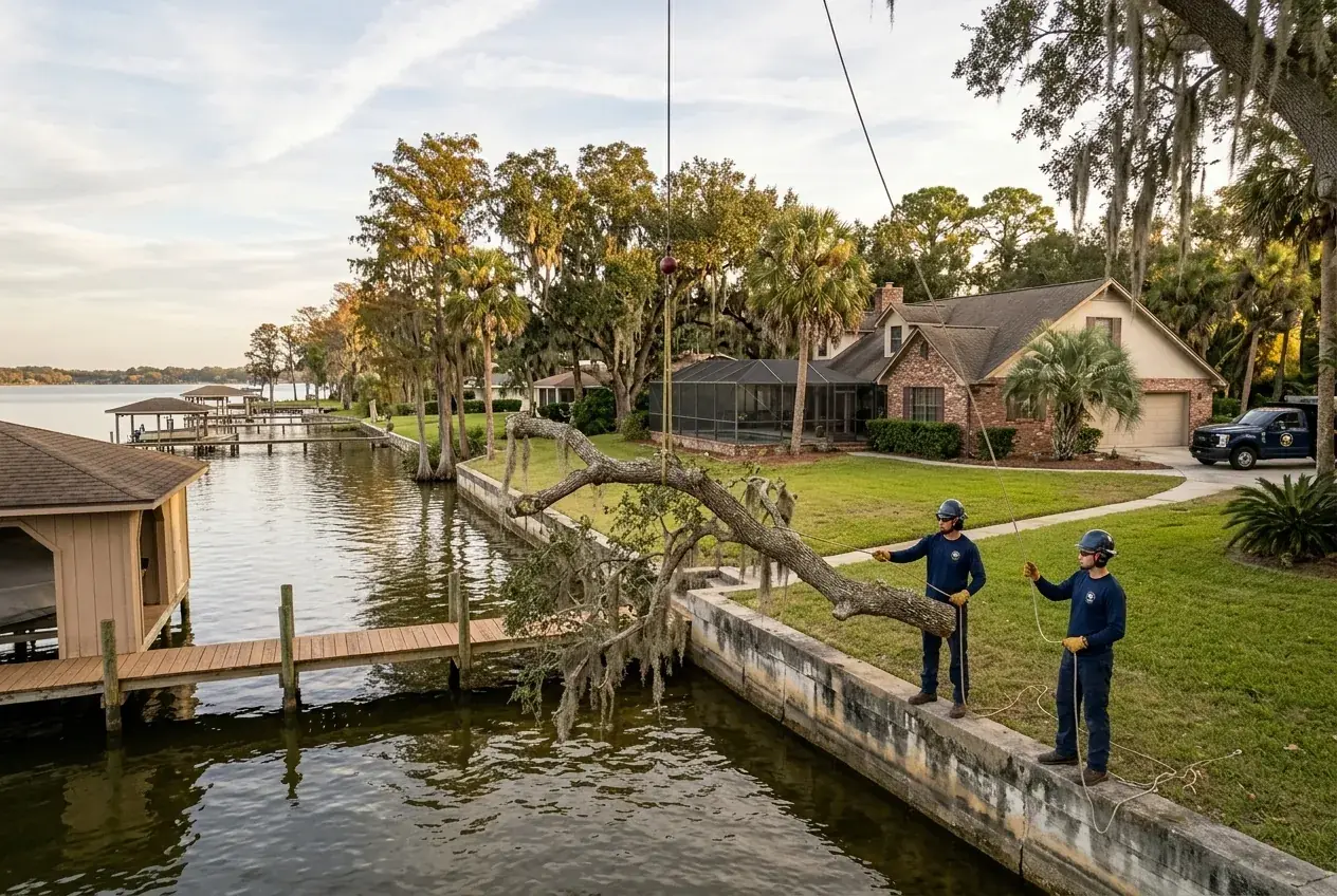 Winter Haven lakefront tree crew lowering an oak limb on a rope above a wooden dock and seawall