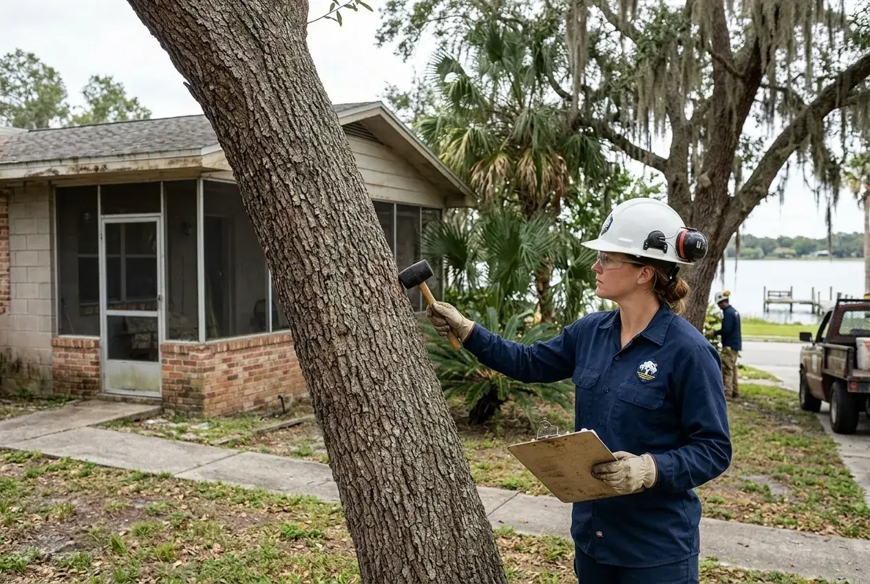 Winter Haven tree hazard walk-through, sounding a leaning oak trunk with a mallet beside a home