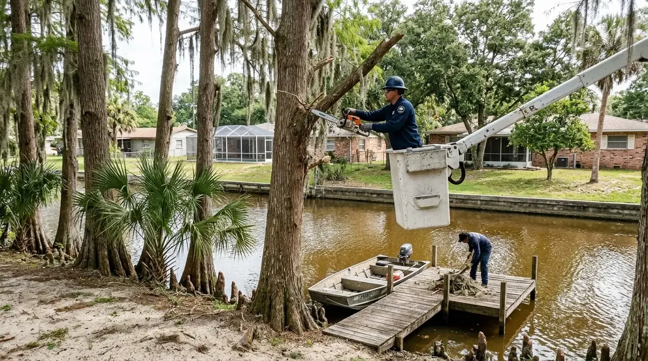 North Chain of Lakes tree service crew trimming bald cypress along a Winter Haven canal bank
