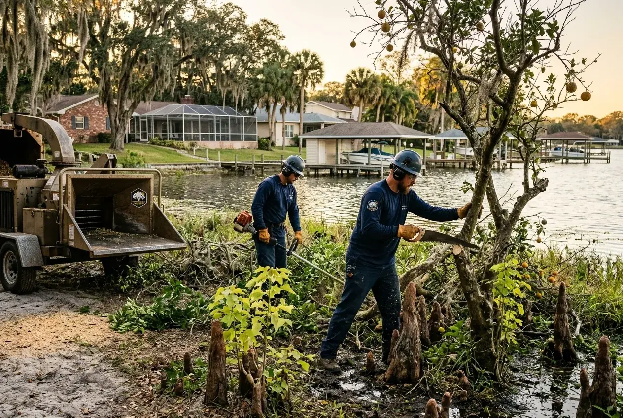 Eloise tree service crew clearing overgrown old citrus and Chinese tallow near the Lake Lulu shoreline