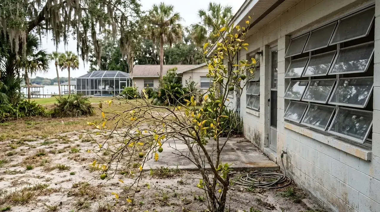 Old citrus tree removal in a Winter Haven backyard: declining orange tree with sparse yellow leaves beside a block home