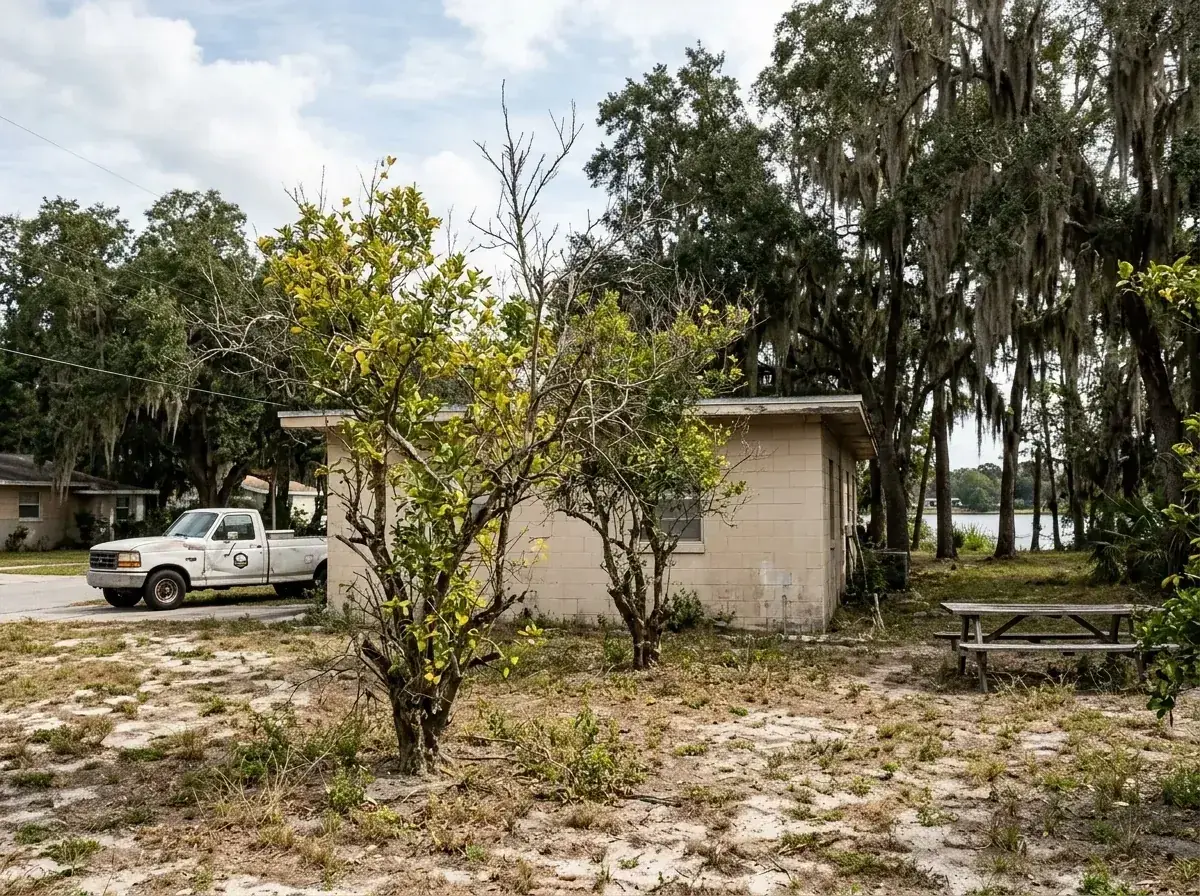 Old citrus trees left behind a home in a Winter Haven neighborhood built on former grove land