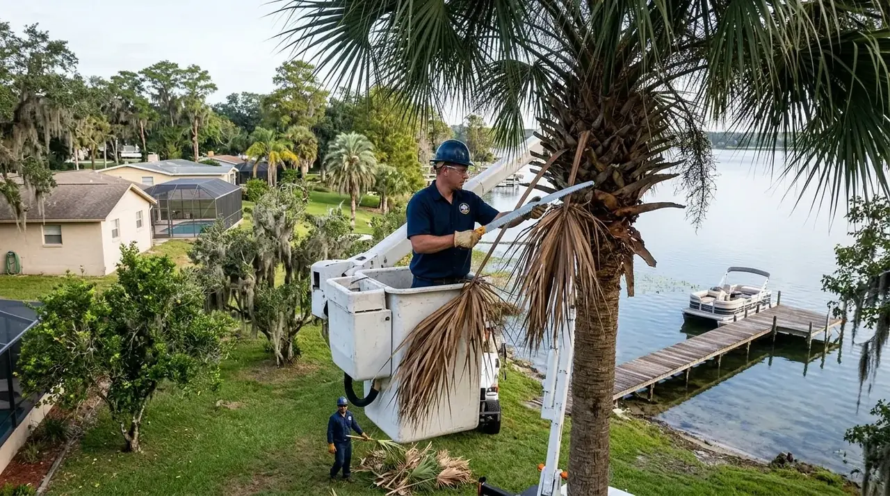 Palm tree trimming in Winter Haven with a crew member removing brown fronds from sabal palms beside a lake home