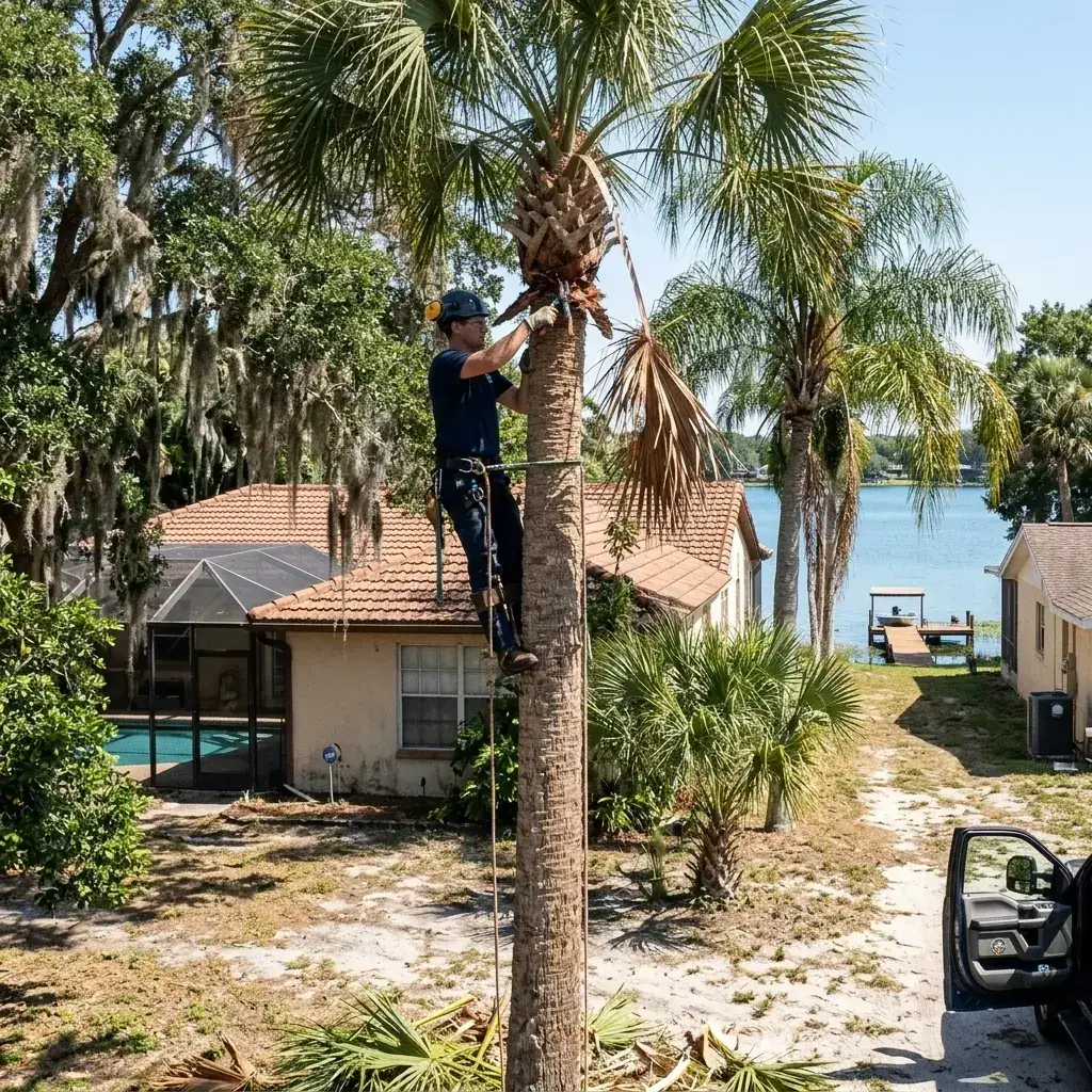 Climber trimming sabal palms at a home near Cypress Gardens in Winter Haven