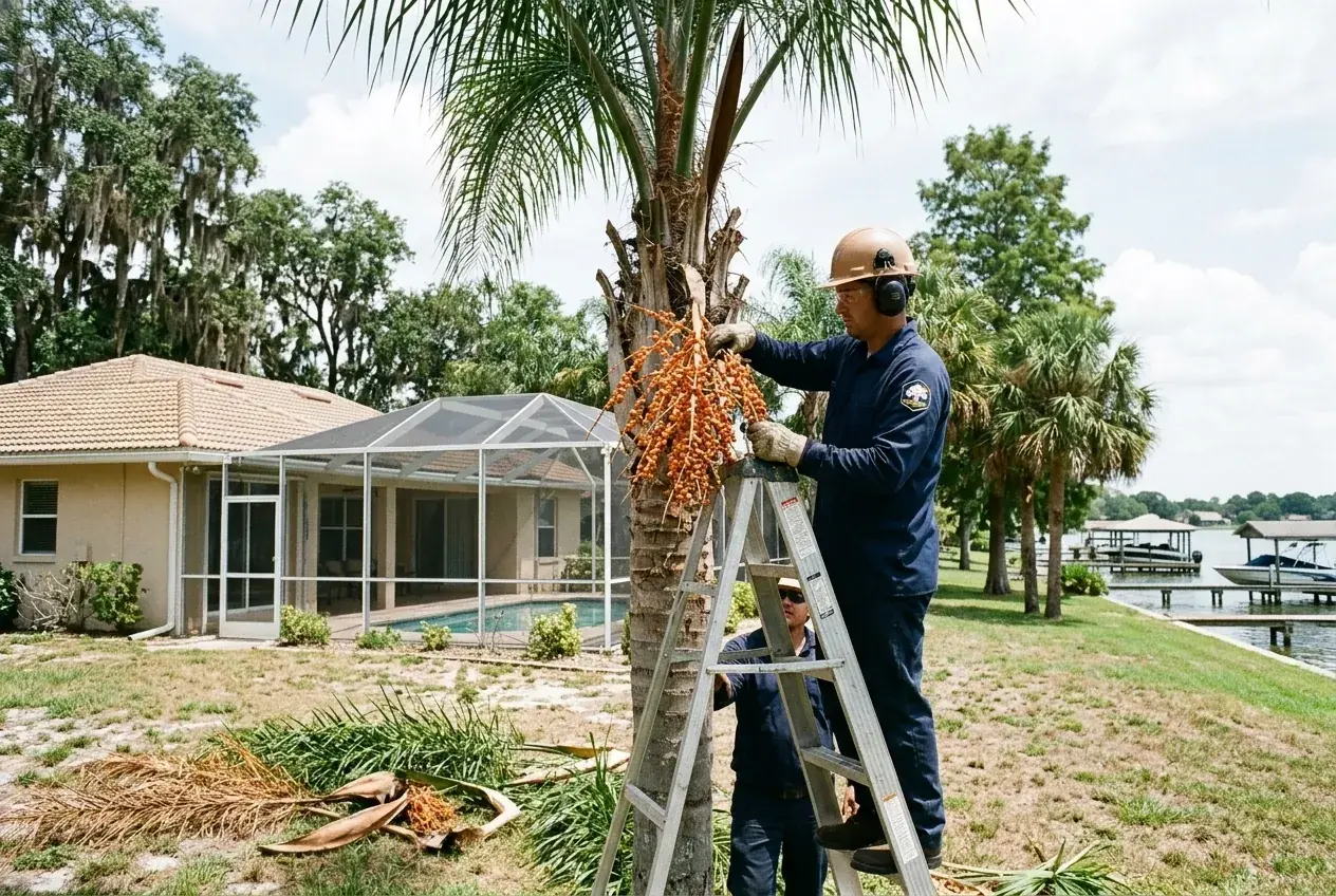 Winter Haven palm trimming crew cutting queen palm seed stalks over a screened pool enclosure