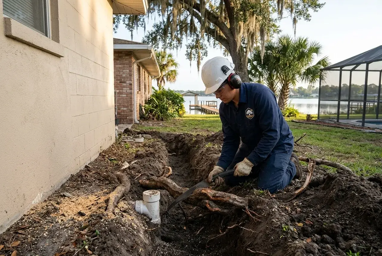 Root pruning along a sewer line trench beside an older Winter Haven home before installing a root barrier