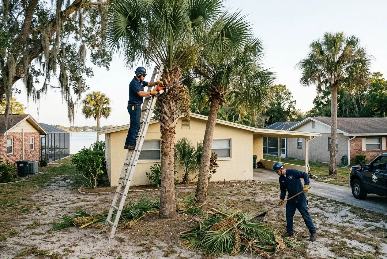 Wahneta palm tree trimming on sabal palms in front of a small stucco home on the Wahneta street grid