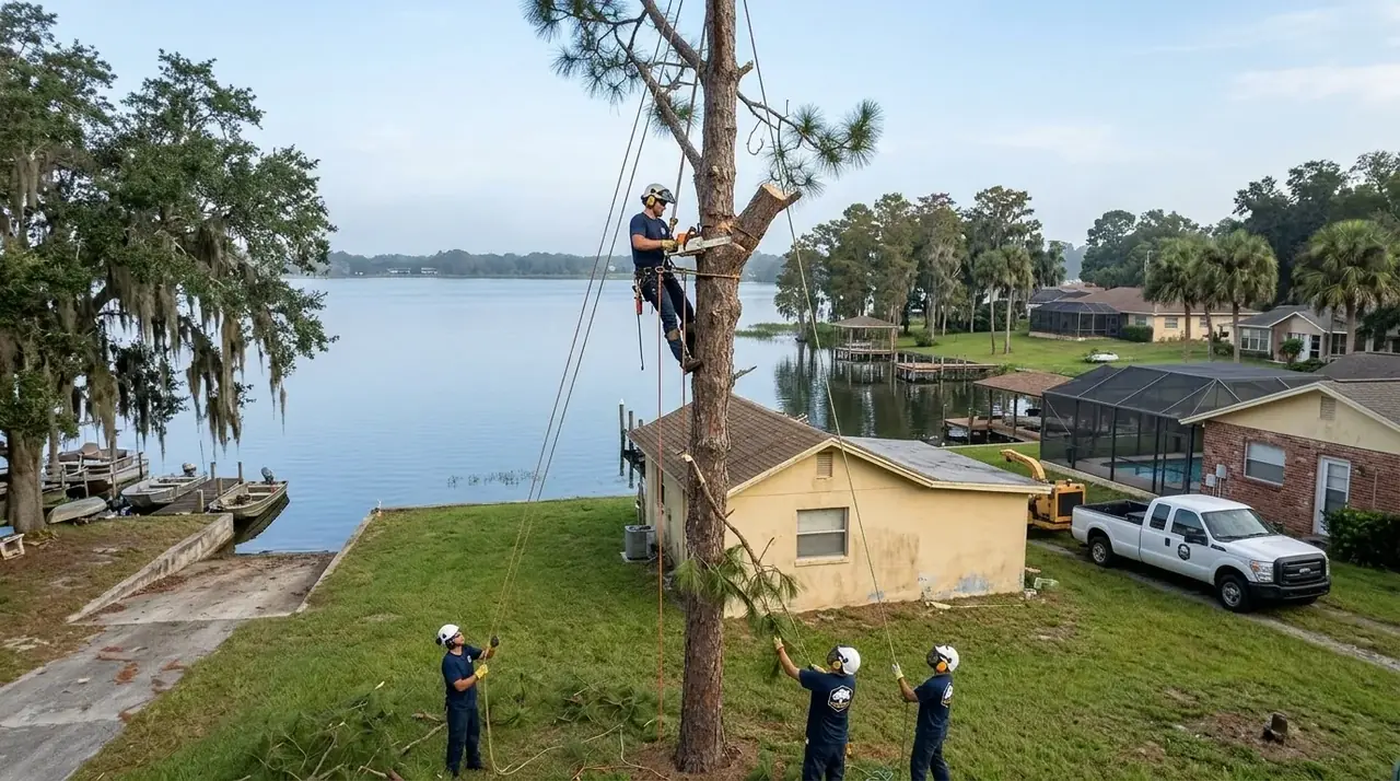 Jan Phyl Village tree removal crew taking down a tall slash pine near a home by Lake Thomas