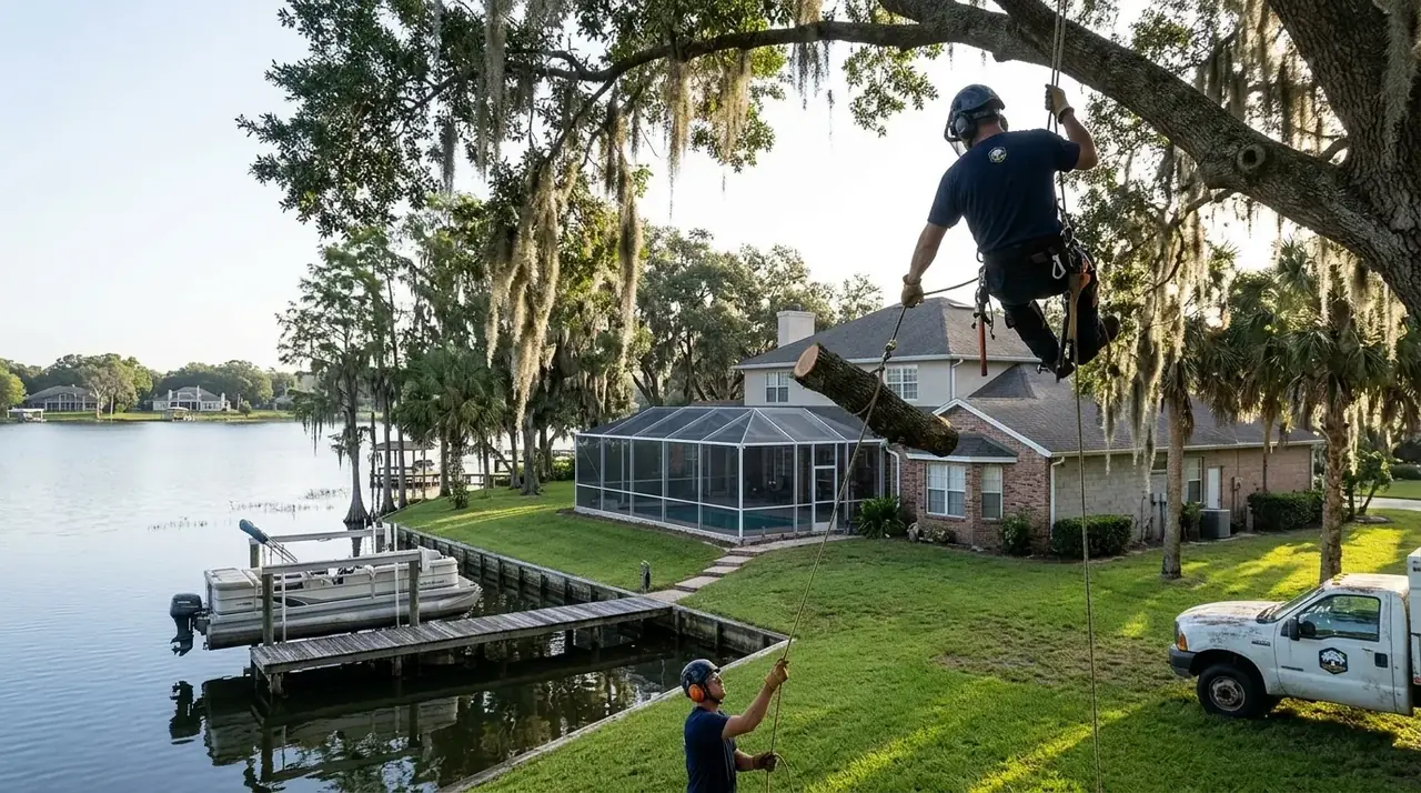 South Chain of Lakes tree removal crew lowering a laurel oak limb behind a lakefront home on Lake Howard