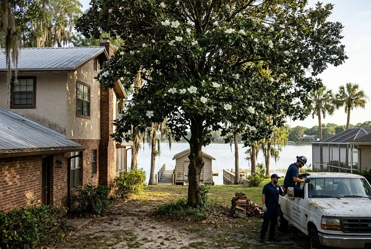 Southern magnolia shade tree in bloom in a yard near Lake Silver in Winter Haven
