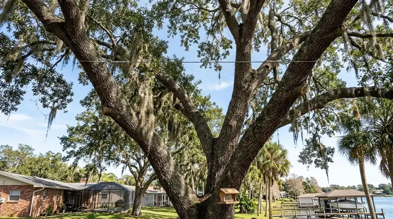 Tree cabling in Winter Haven showing a steel support cable installed between two leaders of a live oak