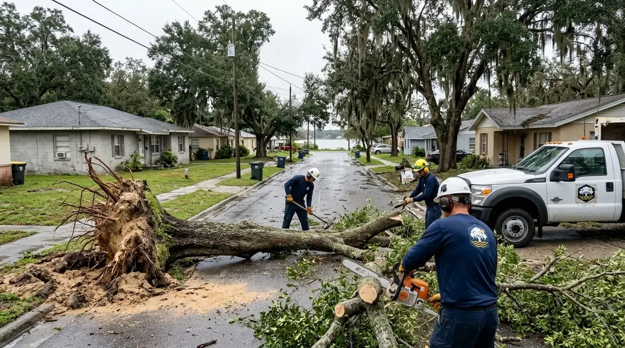 Winter Haven storm damage cleanup crew cutting a fallen laurel oak off a residential street after a hurricane