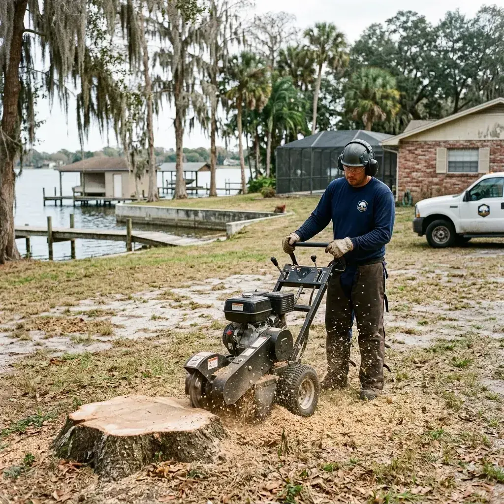Compact stump grinder working an oak stump in a sandy yard in Eloise, FL
