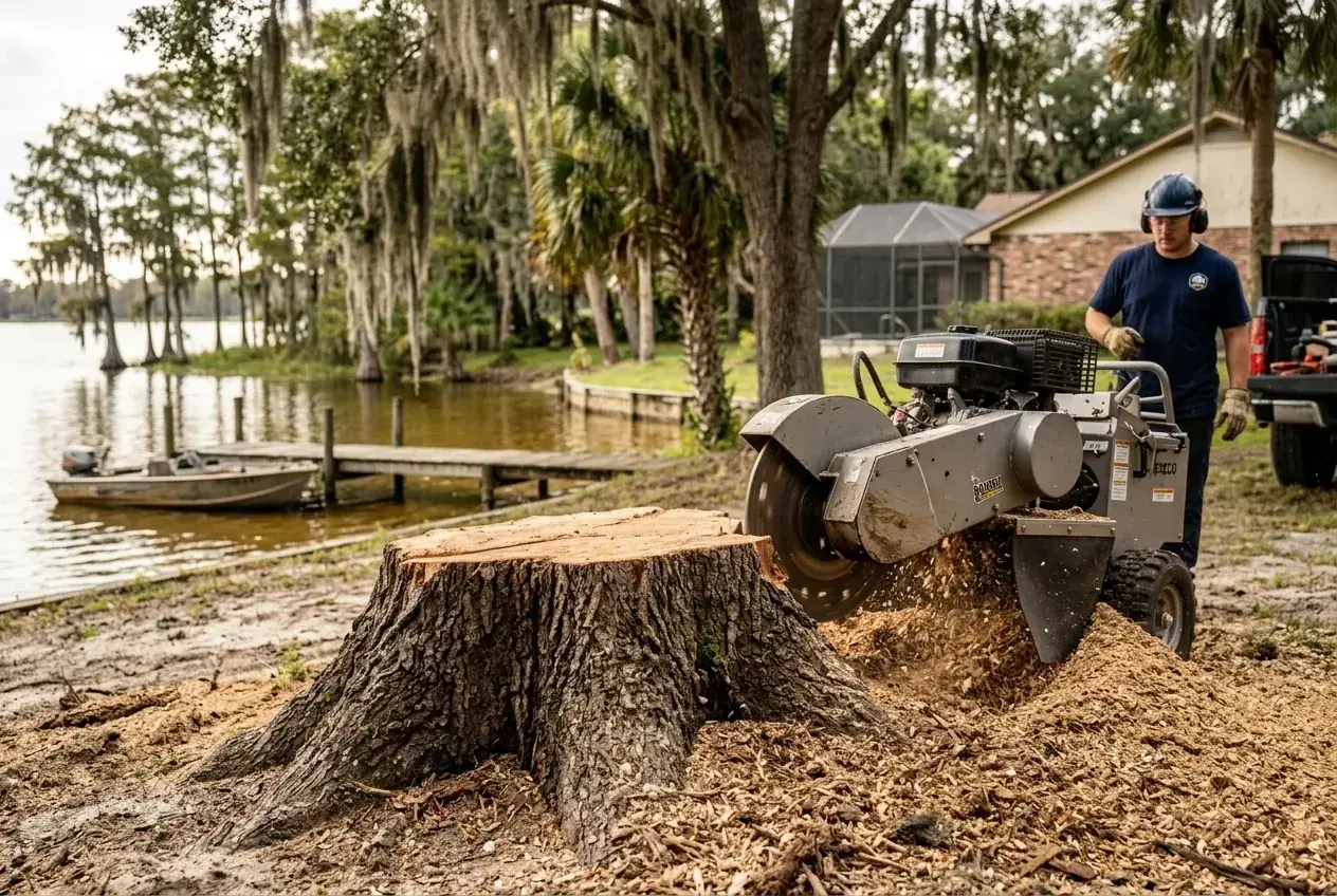 Stump grinding after a tree removal on a sandy lot near Lake Howard in Winter Haven