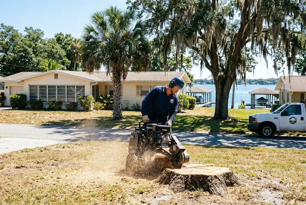 Jan Phyl Village stump grinding on an old oak stump in the front yard of a ranch home