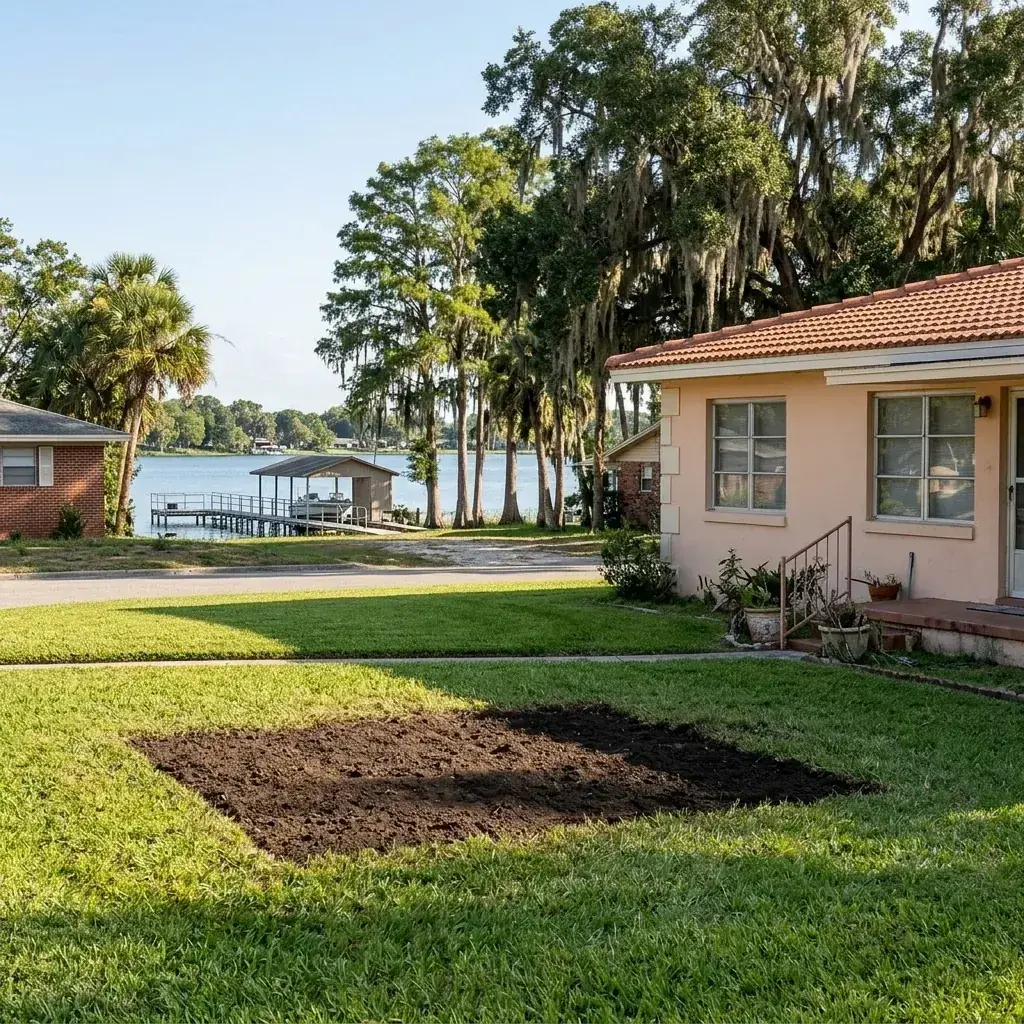 Clean front lawn after a tree removal at an older home in Florence Villa